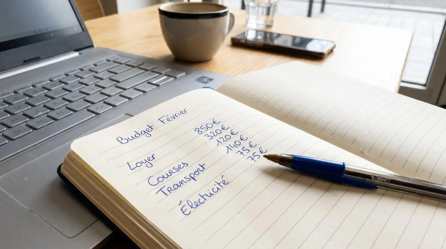 Gros plan sur un clavier d'ordinateur portable avec un carnet ouvert affichant des colonnes de chiffres et un stylo, sur une table de café lumineuse