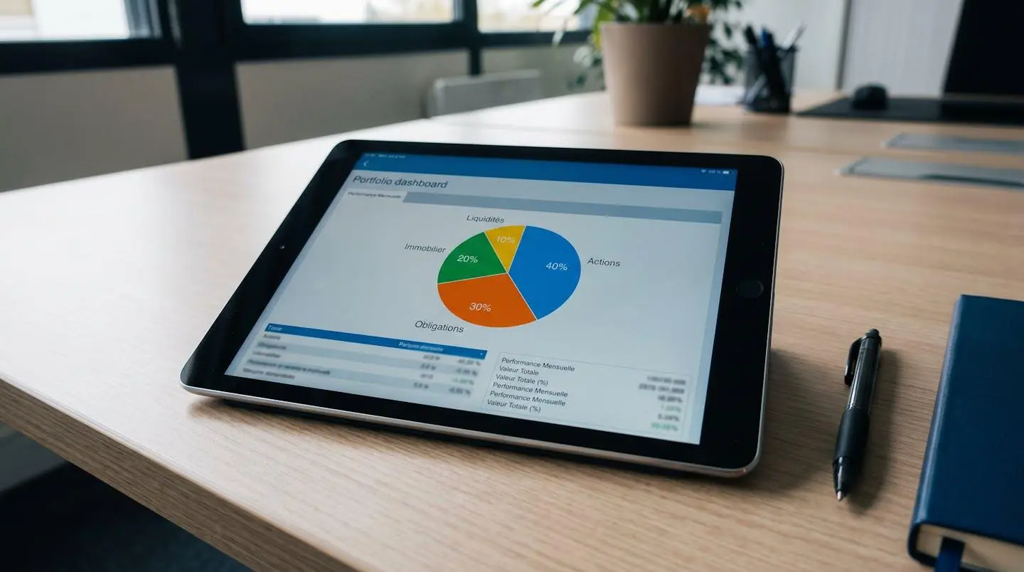 Gros plan sur des documents financiers avec graphiques colorés, un stylo posé sur un tableau de chiffres, sur un bureau moderne épuré avec lumière naturelle