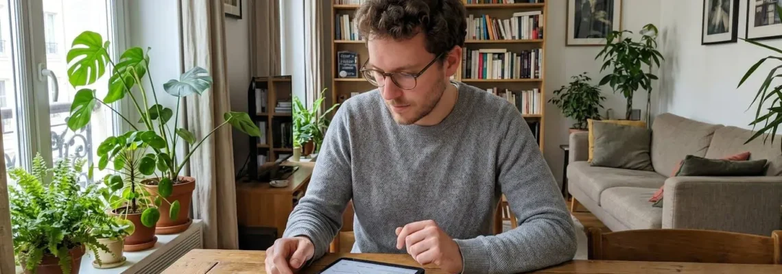 Une personne dans la trentaine consulte des documents sur une tablette posée sur une table en bois, dans un salon lumineux avec des plantes en arrière-plan