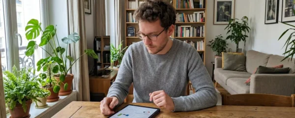 Une personne dans la trentaine consulte des documents sur une tablette posée sur une table en bois, dans un salon lumineux avec des plantes en arrière-plan