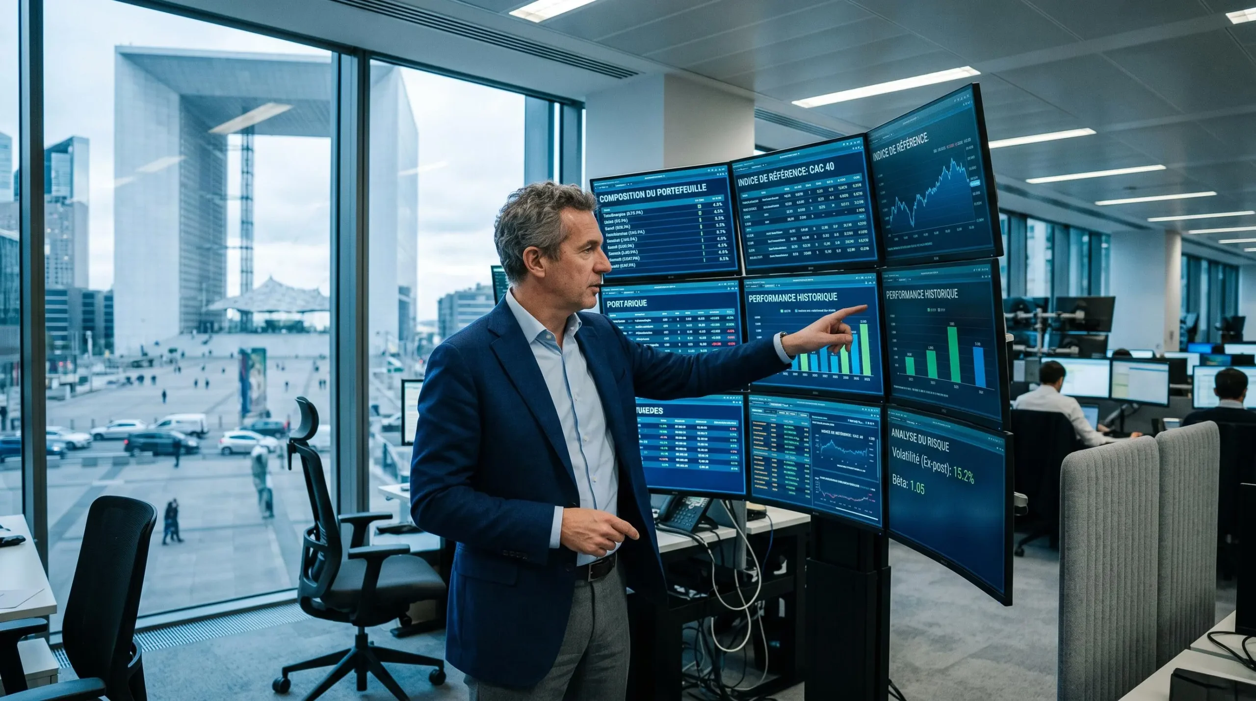 Un gestionnaire de fonds ETF analyse la composition et les indices de référence sur plusieurs écrans dans une salle de marché parisienne