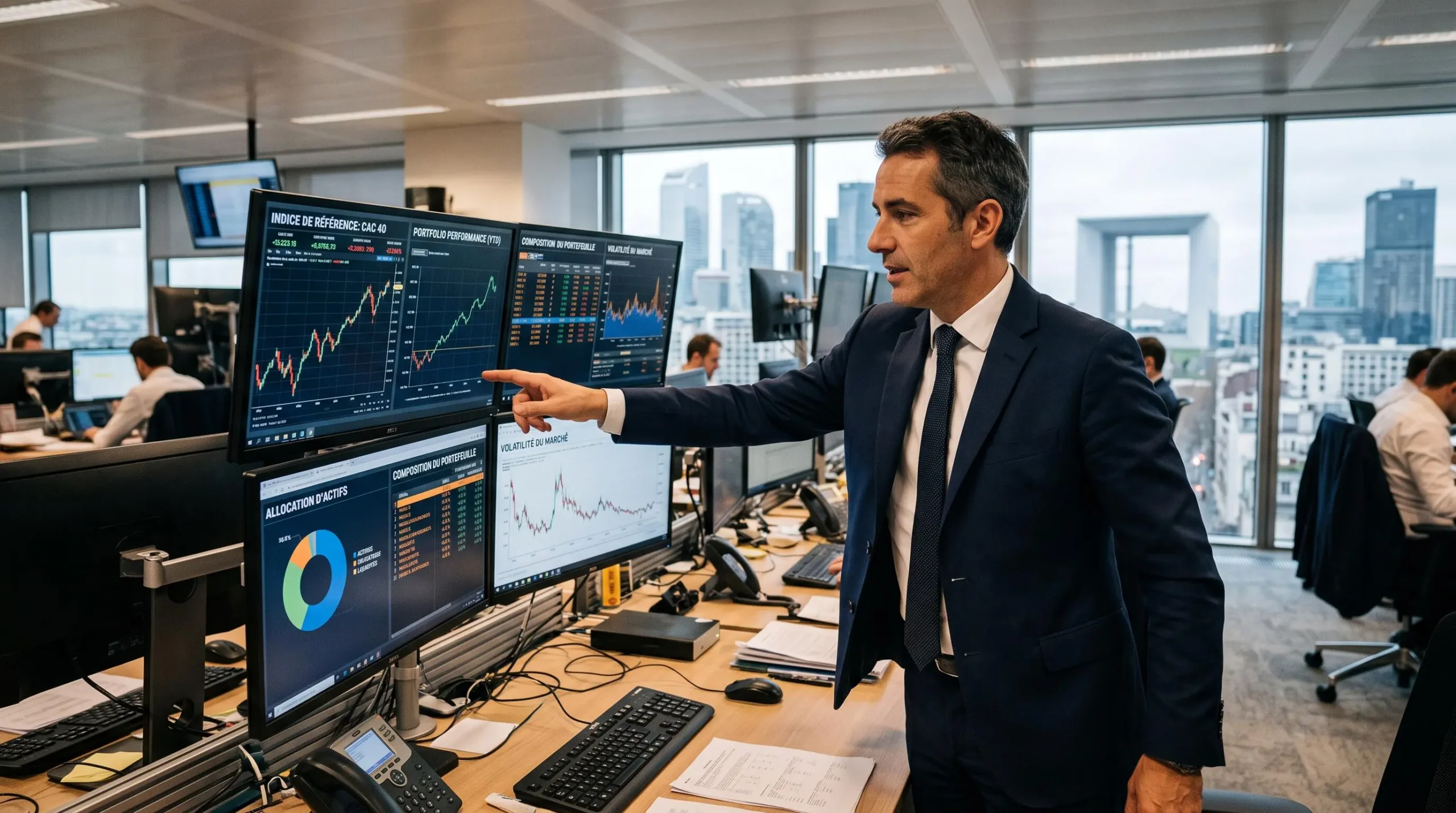 Un gestionnaire de fonds ETF analyse la composition et les indices de référence sur plusieurs écrans dans une salle de marché parisienne