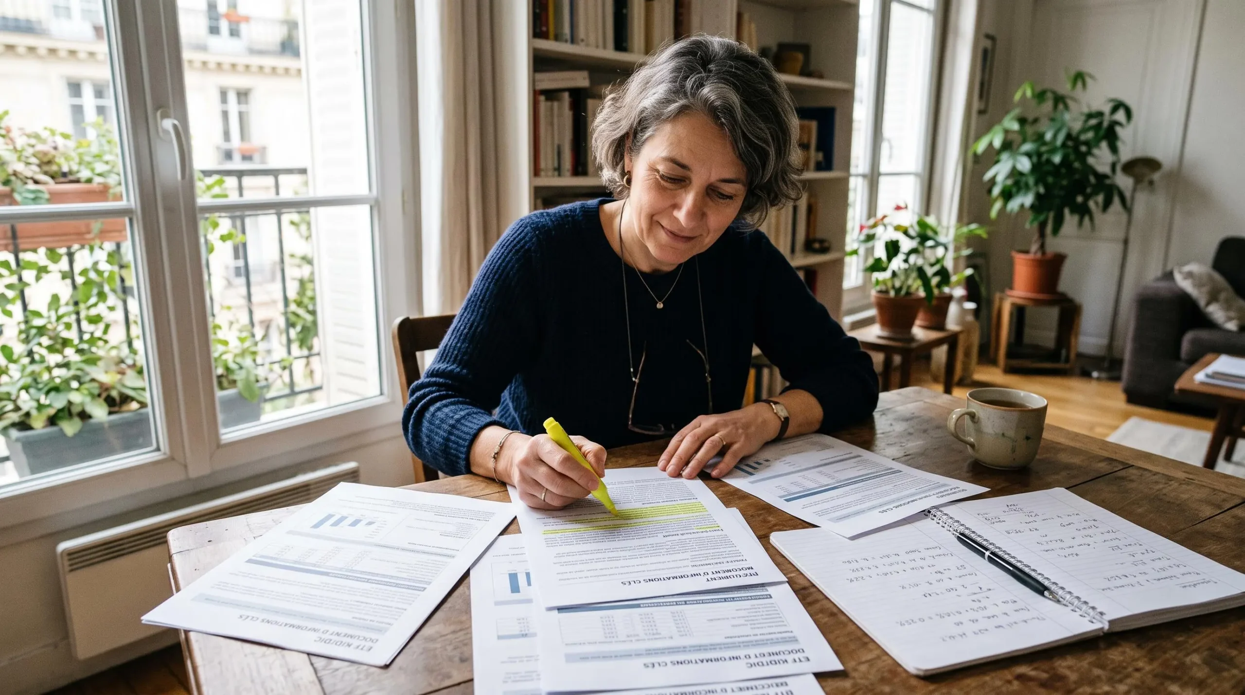 Un investisseur compare les documents d'information de plusieurs ETF à son domicile, surlignant les sections sur les frais de gestion