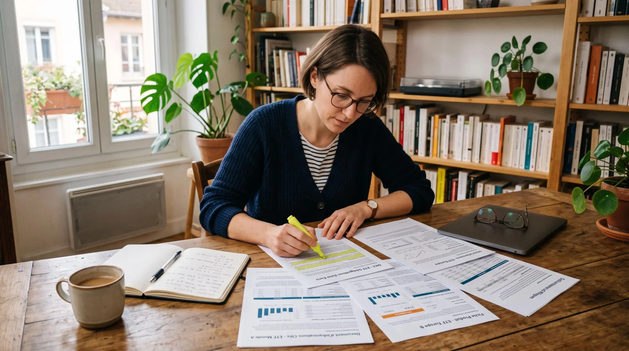 Un investisseur compare les documents d'information de plusieurs ETF à son domicile, surlignant les sections sur les frais de gestion