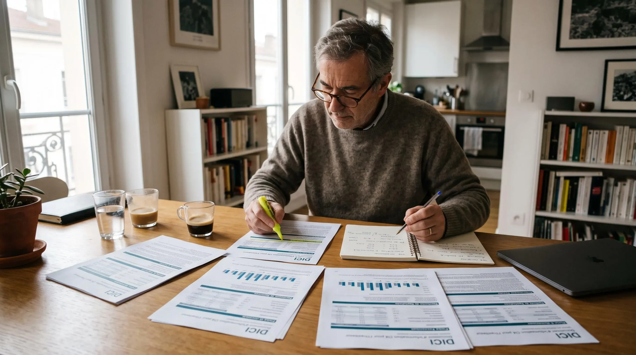 Un investisseur compare les documents d'information de plusieurs ETF à son domicile, surlignant les sections sur les frais de gestion