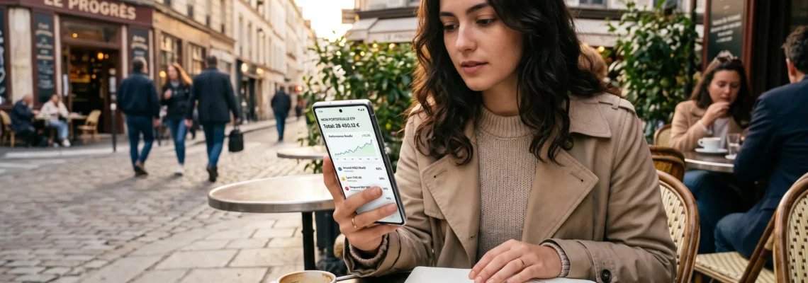 Un investisseur consulte son portefeuille d'ETF sur son smartphone à la terrasse d'un café parisien, carnet de notes ouvert à côté
