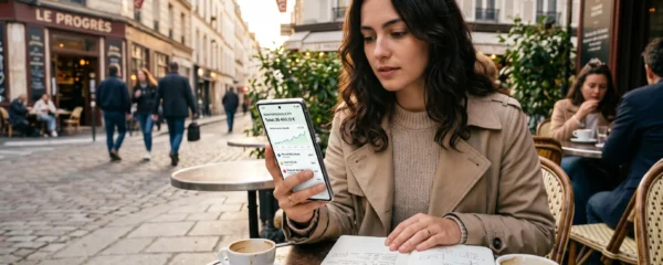 Un investisseur consulte son portefeuille d'ETF sur son smartphone à la terrasse d'un café parisien, carnet de notes ouvert à côté