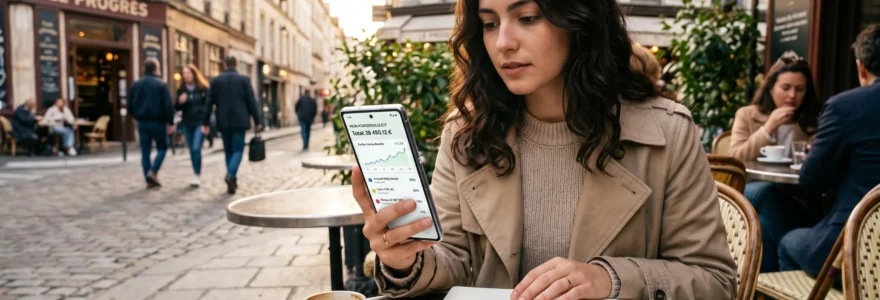 Un investisseur consulte son portefeuille d'ETF sur son smartphone à la terrasse d'un café parisien, carnet de notes ouvert à côté