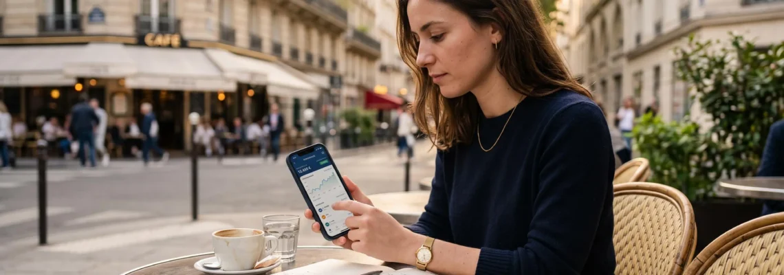 Un investisseur consulte son portefeuille d'ETF sur son smartphone à la terrasse d'un café parisien, carnet de notes ouvert à côté
