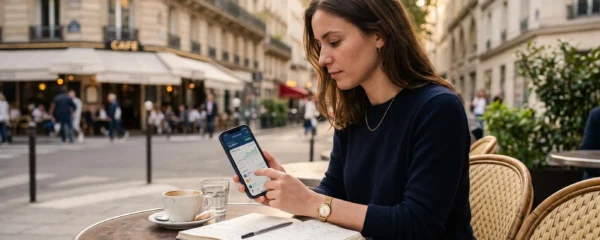 Un investisseur consulte son portefeuille d'ETF sur son smartphone à la terrasse d'un café parisien, carnet de notes ouvert à côté