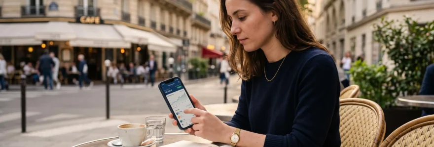 Un investisseur consulte son portefeuille d'ETF sur son smartphone à la terrasse d'un café parisien, carnet de notes ouvert à côté