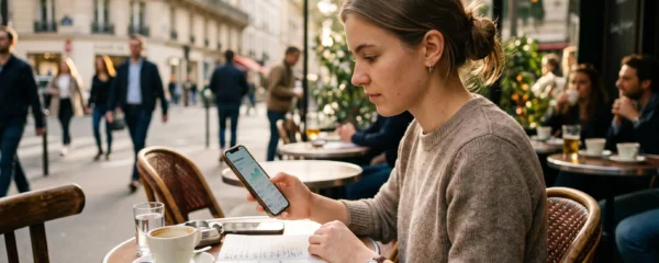 Un investisseur consulte son portefeuille d'ETF sur son smartphone à la terrasse d'un café parisien, carnet de notes ouvert à côté