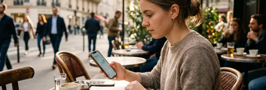 Un investisseur consulte son portefeuille d'ETF sur son smartphone à la terrasse d'un café parisien, carnet de notes ouvert à côté