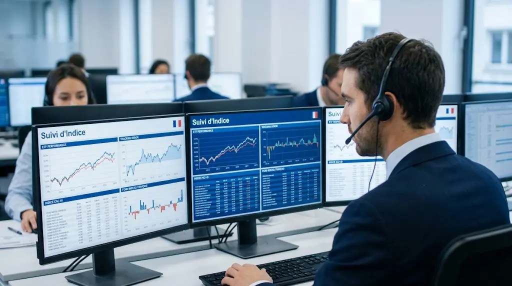 Un analyste examine sur ses écrans les données de suivi d'un gestionnaire ETF de fonds indiciel français.